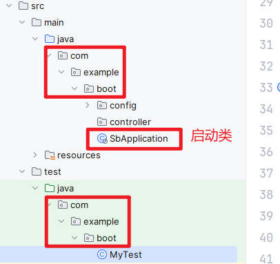 SpringBoot 测试类与启动类包路径关系示意